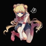  1girl bishoujo_senshi_sailor_moon black_background blonde_hair blue_eyes blue_skirt boots choker crescent_earrings crying crying_with_eyes_open double_bun elbow_gloves gloves hair_ornament injury io_(sinking=carousel) jewelry knee_boots long_hair magical_girl sailor_collar sailor_moon simple_background skirt solo source_request tears tsukino_usagi twintails 