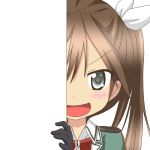  &gt;:d 1girl :d black_gloves brown_hair gloves green_eyes hair_ribbon kantai_collection looking_at_viewer nagineko open_mouth peeking_out ribbon school_uniform smile solo tagme tone_(kantai_collection) 