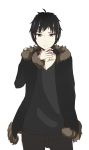  1boy black_hair brown_eyes cigarette coat collarbone cowboy_shot denim durarara!! fur_coat fur_trim hand_in_pocket highres holding jeans long_sleeves looking_at_viewer male ole1942 orihara_izaya pants simple_background solo standing tsurime white_background 