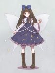  1girl aoyagi_neko black_hair blue_dress boots bow capelet cross-laced_footwear dress fairy_wings grey_eyes hair_bow knee_boots long_hair long_sleeves pigeon-toed shirt smile solo star star_sapphire touhou very_long_hair wide_sleeves wings 