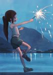  1girl absurdres brown_hair fireworks highres kaya_ayak long_hair mountain open_mouth original ponytail reflection scenery shoes shorts sneakers solo sparkler vest water 
