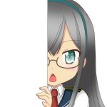  1girl black_hair glasses green_eyes hairband kantai_collection long_hair looking_at_viewer nagineko ooyodo_(kantai_collection) open_mouth peeking_out rimless_glasses school_uniform solo tagme triangle_mouth 