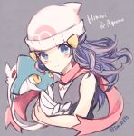  1girl azelf bare_shoulders beanie blue_eyes blue_hair hair_ornament hairclip hat hikari_(pokemon) kabocha_torute pokemon pokemon_(creature) scarf 