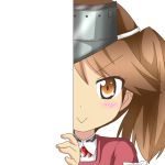  &gt;:&gt; 1girl brown_eyes brown_hair kantai_collection looking_at_viewer magatama nagineko peeking_out ryuujou_(kantai_collection) smile solo tagme visor_cap 