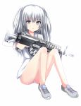  1girl bangs bare_legs blue_eyes blush collarbone ear_protection expressionless grey_panties gun hair_bobbles hair_ornament highres holding holding_gun holding_weapon long_hair long_sleeves looking_at_viewer m249 machine_gun no_pants ole1942 open_mouth original panties shiny shiny_hair shiny_skin shirt shoes silver_hair simple_background sitting solo tareme thighs trigger_discipline two_side_up underwear weapon white_background white_shirt 