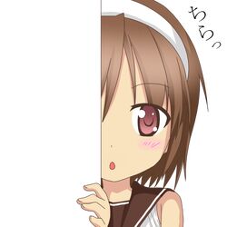  1girl brown_eyes hairband kantai_collection looking_at_viewer nagineko natori_(kantai_collection) parted_lips peeking_out pink_eyes school_uniform serafuku short_hair solo tagme translated 