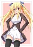  1girl black_legwear blonde_hair bow breasts casual hair_bow hair_ornament hair_ribbon hands_on_hips long_hair looking_at_viewer open_mouth original red_eyes ribbon ro-ichi solo tagme thigh-highs twintails zettai_ryouiki 