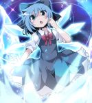  1girl blouse blue_dress blue_eyes blue_hair bow cirno do_(4-rt) dress dress_shirt hair_bow highres ice ice_wings open_mouth puffy_sleeves red_bow shirt short_hair solo touhou white_shirt wings 