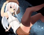  1girl alternate_costume blue_eyes brown_legwear cabbie_hat hat hibiki_(kantai_collection) kantai_collection legs_up long_hair looking_at_viewer open_mouth profile ratsuku_kinoko shorts sitting sky solo star_(sky) starry_sky thigh-highs verniy_(kantai_collection) white_hair 