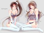 2girls absurdres adapted_costume arms_behind_back artist_name ashigara_(kantai_collection) babydoll blush breasts brown_eyes brown_hair dated gloves grey_background hairband highres kantai_collection long_hair looking_at_viewer multiple_girls nachi_(kantai_collection) open_mouth panties ponytail purple_panties shadow side-tie_panties sitting tbd11 thighhighs underwear v_arms very_long_hair wariza white_gloves white_legwear 
