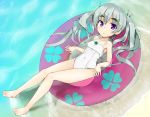  1girl barefoot chaika_trabant hitsugi_no_chaika innertube long_hair one-piece_swimsuit silver_hair swimsuit to_kichiro twintails violet_eyes 