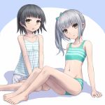  2girls aqua_bra aqua_panties arare_(kantai_collection) arm_support bangs barefoot black_hair bloomers blunt_bangs bra brown_eyes camisole grey_hair kantai_collection kasumi_(kantai_collection) looking_at_viewer multiple_girls navel panties short_hair side_ponytail silver_hair sitting striped striped_bra striped_panties underwear wariza yuyuzuki_(yume_usagi) 