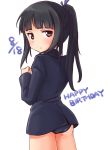 1girl a9b_(louis814) ass birthday black_eyes black_hair dated from_behind frown hair_ribbon happy_birthday hattori_shizuka long_hair looking_at_viewer looking_back ponytail ribbon sad simple_background solo strike_witches swimsuit swimsuit_under_clothes tears uniform white_background 