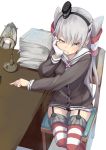  1girl amatsukaze_(kantai_collection) brown_eyes chin_rest desk fu-ta gloves kantai_collection long_hair papers silver_hair twintails uniform 