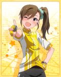 1girl ;d artist_request bike_jersey bike_shorts brown_eyes brown_hair fingerless_gloves futami_mami gloves idolmaster idolmaster_million_live! official_art one_eye_closed open_mouth pointing pointing_at_viewer side_ponytail smile solo yellow_background 