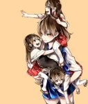  2girls akagi_(kantai_collection) armor brown_eyes brown_hair carrying carrying_over_shoulder carrying_under_arm highres japanese_clothes kaga_(kantai_collection) kantai_collection multiple_girls multiple_persona muneate open_mouth sandals shuu-0208 side_ponytail thigh-highs yellow_eyes younger 