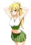 1girl adjusting_hair ahoge alternate_hairstyle armpits arms_behind_head arms_up blush breasts cheerleader green_eyes highres hoshii_miki idolmaster kouki371 long_hair looking_at_viewer mouth_hold navel ponytail skirt solo stomach white_background 