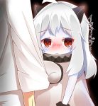  1boy 1girl absurdres admiral_(kantai_collection) ahoge blush dress highres horns kantai_collection northern_ocean_hime out_of_frame pale_skin red_eyes ryu_narb shinkaisei-kan sleeve_tug tagme tears translated white_dress white_hair 