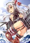  1girl amatsukaze_(kantai_collection) ass black_panties blush brown_eyes covering covering_breasts damaged hairband highres kantai_collection long_hair looking_at_viewer machinery open_mouth pack_er_5 panties rensouhou-kun silver_hair solo splashing thigh-highs torn_clothes torn_thighhighs turret two_side_up underwear water 