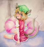  1girl animal_ears bean_bag brown_hair cat_ears cat_tail chen chestnut_mouth corner floor from_behind frown highres long_sleeves looking_at_viewer looking_back mob_cap multiple_tails on_floor open_mouth sitting solo tail touhou traditional_media two_tails wall watercolor_(medium) yellow_eyes yuyu_(00365676) 
