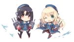  2girls atago_(kantai_collection) black_hair blonde_hair chibi green_eyes hat kantai_collection looking_at_viewer machinery multiple_girls one_eye_closed open_mouth pantyhose plus9 red_eyes takao_(kantai_collection) thigh-highs turret 