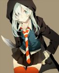  1girl blue_eyes blue_hair collarbone commentary frown gloves gradient_hair hood looking_at_viewer multicolored_hair necktie original pleated_skirt popokuri skirt solo sweater_vest sword thigh-highs weapon white_gloves white_hair zettai_ryouiki 