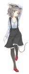 1girl animal_ears black_legwear contemporary grey_eyes grey_hair jewelry mayoln mouse_ears nazrin necklace pantyhose shirt striped striped_shirt suspenders tail touhou