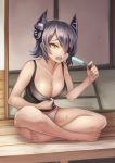  1girl absurdres bare_shoulders barefoot breasts camisole cleavage collarbone eyepatch hair_ornament hair_over_one_eye headgear highres holding_food hot hrtyuk indian_style kantai_collection midriff open_mouth panties popsicle purple_hair short_hair sitting solo sweat sweating tatami tenryuu_(kantai_collection) underwear underwear_only white_panties yellow_eyes 