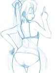  1girl arched_back ass bra closed_eyes from_behind hand_on_hip hatsune_miku long_hair monochrome o-minato open_mouth panties pointing sketch solo twintails underwear very_long_hair vocaloid 