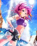  1girl artist_request belt bustier earrings fingerless_gloves gloves hand_on_hip idolmaster idolmaster_million_live! jewelry maihama_ayumu midriff multicolored_hair musical_note navel official_art pink_eyes pink_hair shorts 