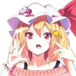  1girl badge blonde_hair blush bracelet contemporary double_v fami_(yellow_skies) fang flandre_scarlet hat jewelry long_hair looking_at_viewer open_mouth portrait red_eyes side_ponytail solo sweater touhou v 