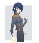  1girl blue_eyes blue_hair cosplay dh_(brink_of_memories) digital_devil_saga facial_tattoo hair_between_eyes highres looking_at_viewer persona persona_4 sera_(cosplay) shirogane_naoto short_hair signature solo tattoo unfinished 