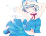  1girl adapted_costume armpits arms_up blue_eyes blue_hair blush bow choker cirno collarbone green_nails hair_bow ice ice_wings lipstick makeup mogi_(mai6334) multicolored_nails navel ribbon_choker solo touhou white_background wings yellow_nails 