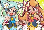  2girls :d blue_eyes blue_hair blue_skirt bracelet brooch brown_hair cure_sunset cure_wave double_bun earrings flower guardias hair_flower hair_ornament hairclip happinesscharge_precure! happy jewelry magical_girl multiple_girls ohana_(happinesscharge_precure!) open_mouth orina_(happinesscharge_precure!) precure short_hair siblings sisters skirt smile violet_eyes yellow_skirt 