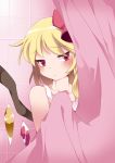  1girl blonde_hair blush commentary_request flandre_scarlet hammer_(sunset_beach) long_hair looking_at_viewer red_eyes shower_curtain side_ponytail solo touhou wings 