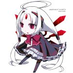  1girl ahoge albino bow chibi copyright_name dress forehead_jewel frilled_dress frills hair_tubes huge_ahoge long_hair low_twintails motion neon_trim red_eyes solo twintails under_night_in-birth vatista very_long_hair white_hair 