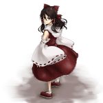  1girl bow brown_eyes brown_hair detached_sleeves dress equala expressionless hair_bow hair_tubes hakurei_reimu long_hair looking_at_viewer looking_back shoes simple_background solo touhou 
