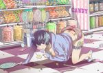  1girl all_fours arisawa_kuro blue_eyes blue_hair breasts candy candy_store checkered checkered_floor cleavage highres hoodie lollipop on_floor original panties pantyshot red_panties short_hair short_shorts shorts thigh_strap underwear 