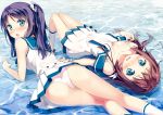  2girls absurdres arm_support ass bare_shoulders blue blue_eyes blush bra bra_strap breasts brown_hair cleavage highres hiradaira_chisaki kantoku long_hair looking_at_viewer looking_back lying mukaido_manaka multiple_girls nagi_no_asukara off_shoulder on_back on_stomach open_mouth panties pantyshot parted_lips partially_submerged pleated_skirt purple_hair sailor_dress scan scrunchie side_ponytail skirt sleeveless socks underwear wavy_mouth wet wet_clothes white_bra white_legwear white_panties wrist_scrunchie 