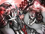  3girls aiming_at_viewer angry arms_up asymmetrical_legwear battleship-symbiotic_hime black_dress black_hair circle_garbage dress gameplay_mechanics glowing glowing_eyes highres horns isokaze_(kantai_collection) kantai_collection long_hair long_sleeves looking_at_viewer machinery multiple_girls neckerchief open_mouth outstretched_hand pale_skin pleated_skirt red_eyes red_sky sailor_collar school_uniform serafuku shinkaisei-kan skirt sky smile very_long_hair 