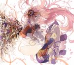  1girl bare_shoulders barefoot brown_eyes fingerless_gloves flower flower_wings gloves grey_eyes hair_ornament hands_clasped long_hair nine_(liuyuhao1992) original parted_lips petals pink_hair praying revision solo wind 