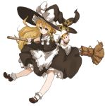  1girl amonitto apron black_dress blonde_hair bow broom dress glowing glowing_weapon hat hat_bow kirisame_marisa long_hair mary_janes mini-hakkero puffy_short_sleeves puffy_sleeves shirt shoes short_sleeves smile solo star touhou very_long_hair waist_apron weapon witch_hat wrist_cuffs yellow_eyes 