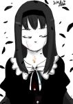  1girl akemi_homura black_hair closed_eyes crying dated dress facing_viewer funeral_dress greyscale hairband long_hair mahou_shoujo_madoka_magica mahou_shoujo_madoka_magica_movie monochrome no_mouth signature simple_background solo spoilers white_background 