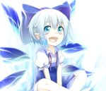  1girl blue_dress blue_eyes blue_hair bow cirno dress fang hair_bow ice ice_wings indian_style mantarou_(shiawase_no_aoi_tori) open_mouth pointy_ears puffy_short_sleeves puffy_sleeves shirt short_sleeves sitting smile solo touhou v_arms wings 