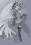  adapted_costume akemi_homura akuma_homura argyle argyle_legwear black_gloves black_hair dress elbow_gloves feathered_wings fixative gloves grey_background greyscale hair_ribbon highres long_hair looking_at_viewer mahou_shoujo_madoka_magica mahou_shoujo_madoka_magica_movie monochrome ribbon simple_background smile spoilers thigh-highs wings zettai_ryouiki 