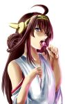  1girl ahoge blue_eyes brown_hair bust candy detached_sleeves headgear ishii_hisao kantai_collection kongou_(kantai_collection) lollipop long_hair nontraditional_miko open_mouth solo white_background 