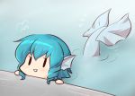 1girl animal_ears blue_hair blush chibi commentary head_fins mermaid monster_girl partially_submerged short_hair smile solo touhou wakasagihime water wool_(miwol)