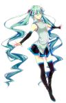  1girl absurdly_long_hair adapted_costume aqua_eyes aqua_hair bare_shoulders black_gloves black_skirt boots elbow_gloves fingerless_gloves fukahire gloves hatsune_miku long_hair pleated_skirt simple_background skirt sleeveless solo thigh-highs thigh_boots twintails very_long_hair vocaloid white_background 