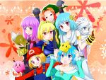  6+girls aqua_hair blonde_hair blue_eyes bomb book braid cirno coat cosplay crossover fire_emblem fire_emblem:_kakusei flandre_scarlet gloves hair_ornament hat head_wings highres hong_meiling hoshi_no_kirby izayoi_sakuya jacket kid_icarus kirby_(series) link_(cosplay) luma mario mario_(cosplay) marth marth_(cosplay) mask multiple_girls my_unit my_unit_(cosplay) orange_hair overalls patchouli_knowledge pit_(kid_icarus) pit_(kid_icarus)_(cosplay) purple_hair red_eyes remilia_scarlet rosalina_(mario) rosalina_(mario)_(cosplay) rumia scarf sheik sheik_(cosplay) side_ponytail silver_hair super_mario_bros. super_smash_bros. the_embodiment_of_scarlet_devil the_legend_of_zelda tiara touhou tunic violet_eyes wings 