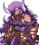  1girl armor armored_dress breasts curly_hair demon_girl elbow_gloves faulds gauntlets gloves grin hair_over_one_eye horns long_hair matsuda_yuusuke muscle nise_maou_kanizeru purple_hair sharp_teeth sideboob smile solo violet_eyes yuusha_to_maou 